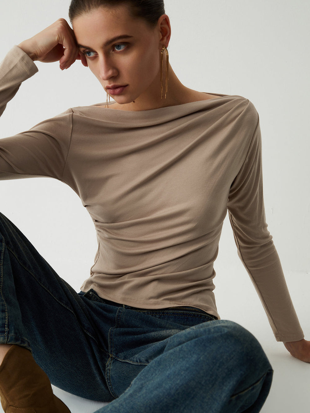 Oatmeal Ruched Graceful Long Sleeve Top T Shirts