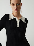 Contrast Collar Quarter Button Modern Long Sleeve Knit Top Black / S Sweaters L