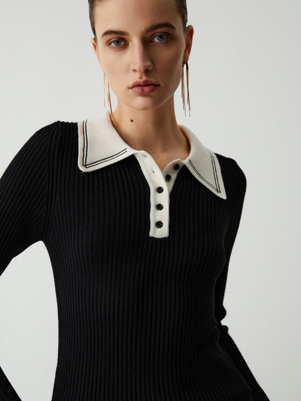 Contrast Collar Quarter Button Modern Long Sleeve Knit Top Black / S Sweaters L