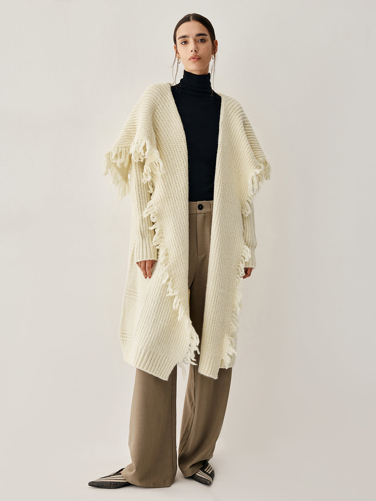 Chunky Knit Tassel Trendy Hem Poncho Cardigan Sweaters L