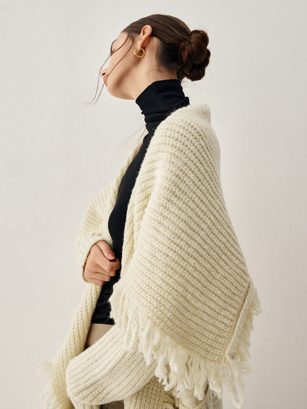 Chunky Knit Tassel Trendy Hem Poncho Cardigan Sweaters L