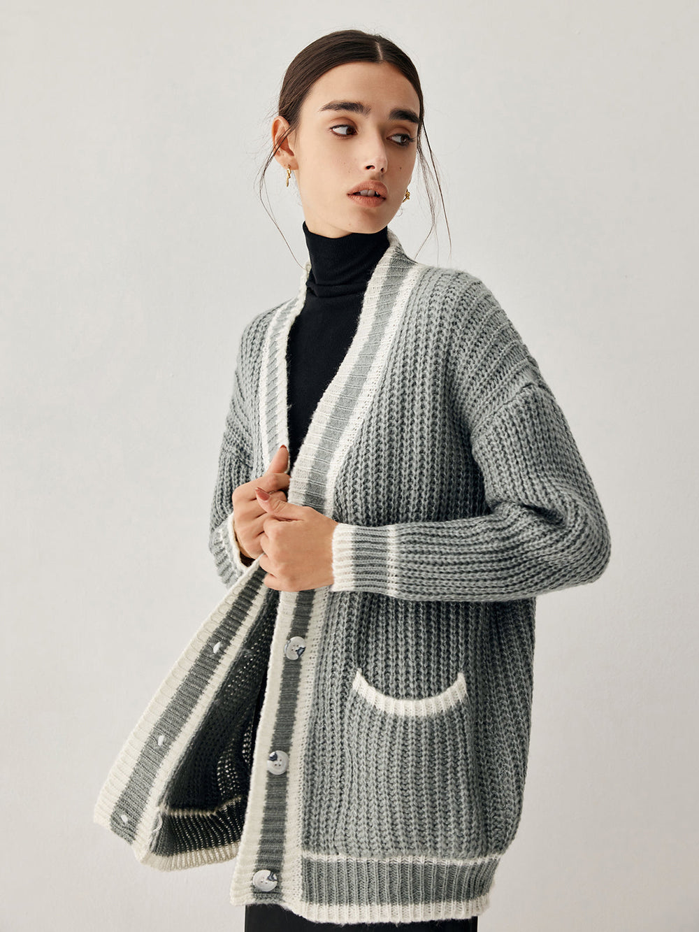 Chunky Knit Double Trendy Pockets Slouchy Cardigan Grey / S Sweaters L