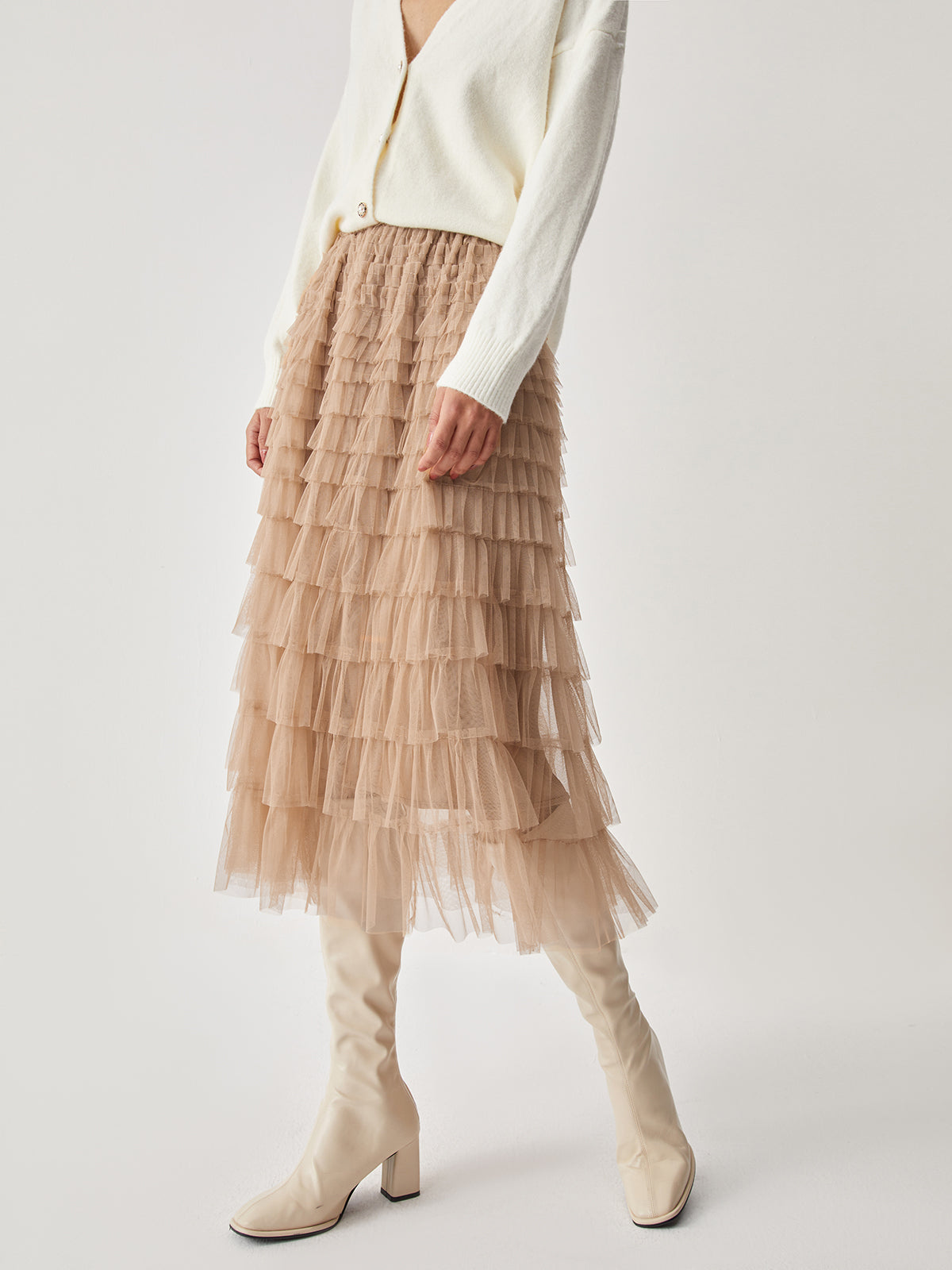 High Waist Tiered Trendy Mesh Midi Skirt