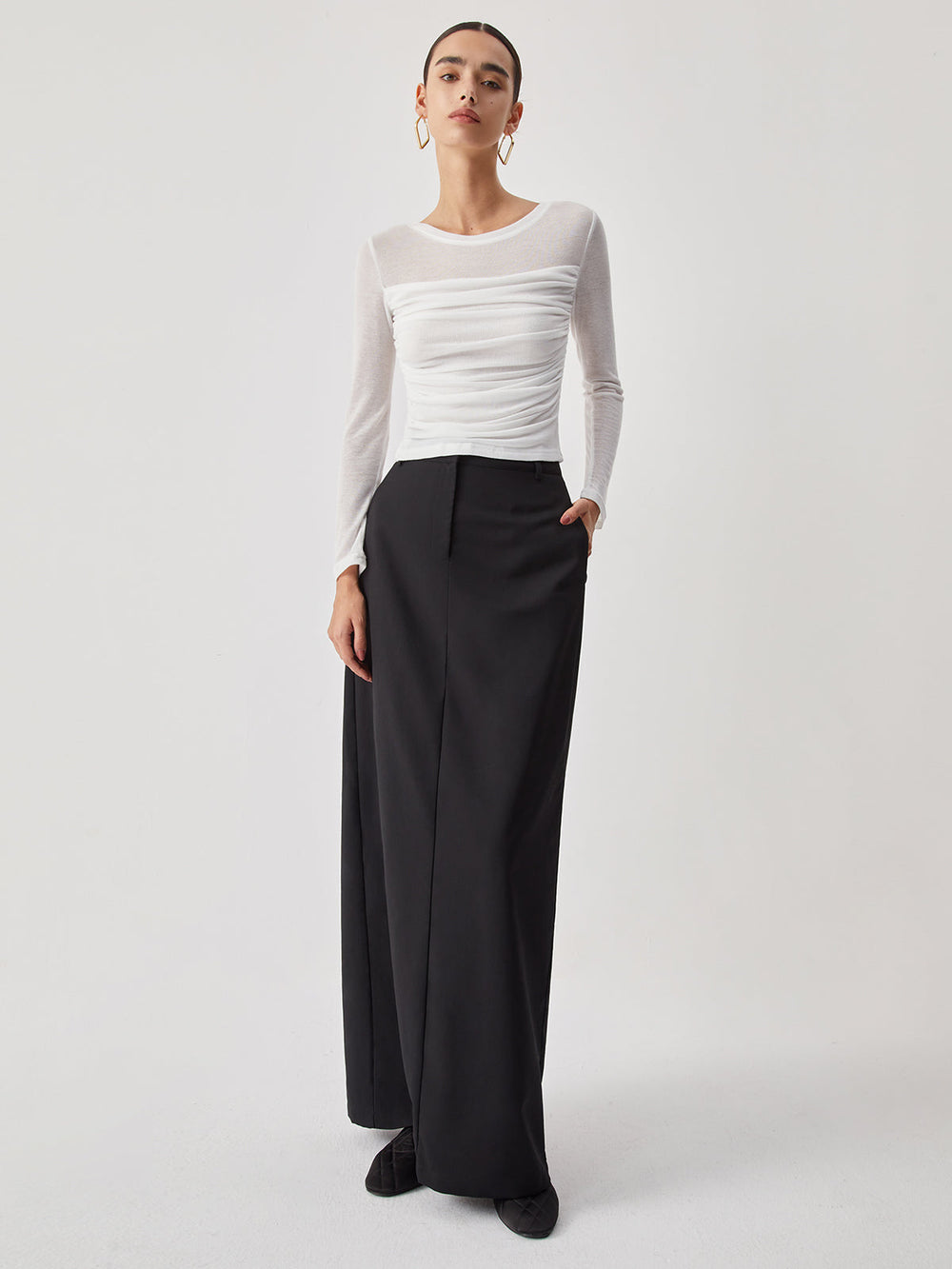 Ruched Semi Sheer Graceful Long Sleeve Shirt T Shirts
