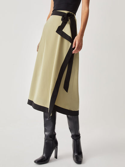 Tie Front Contrast Trendy Trim Midi Skirt