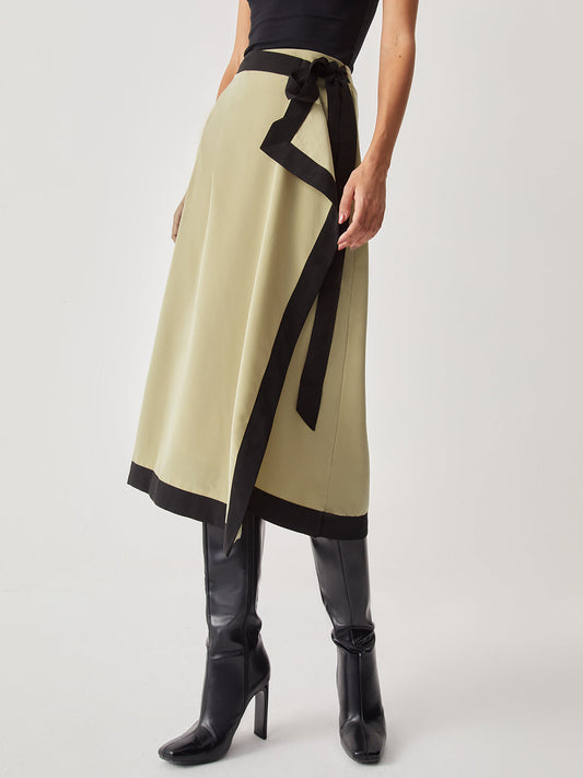 Tie Front Contrast Trendy Trim Midi Skirt