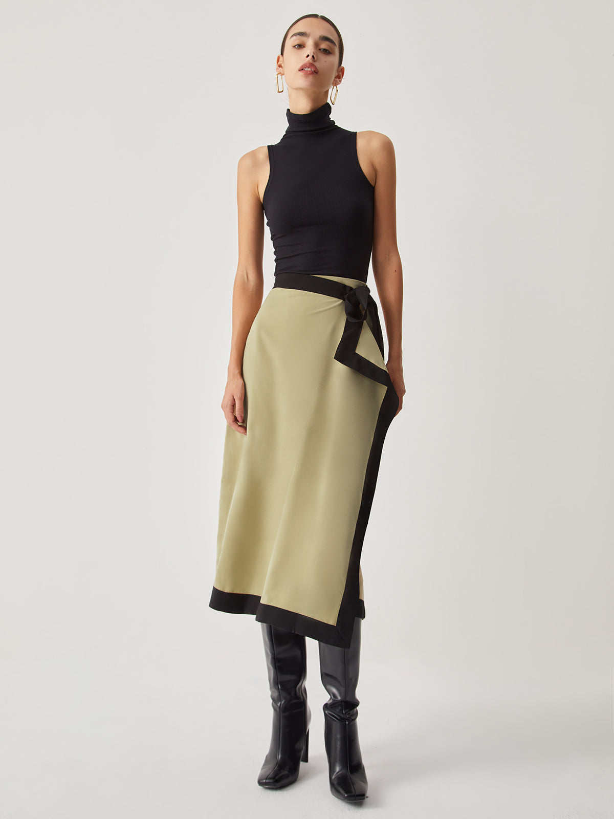 Tie Front Contrast Trendy Trim Midi Skirt