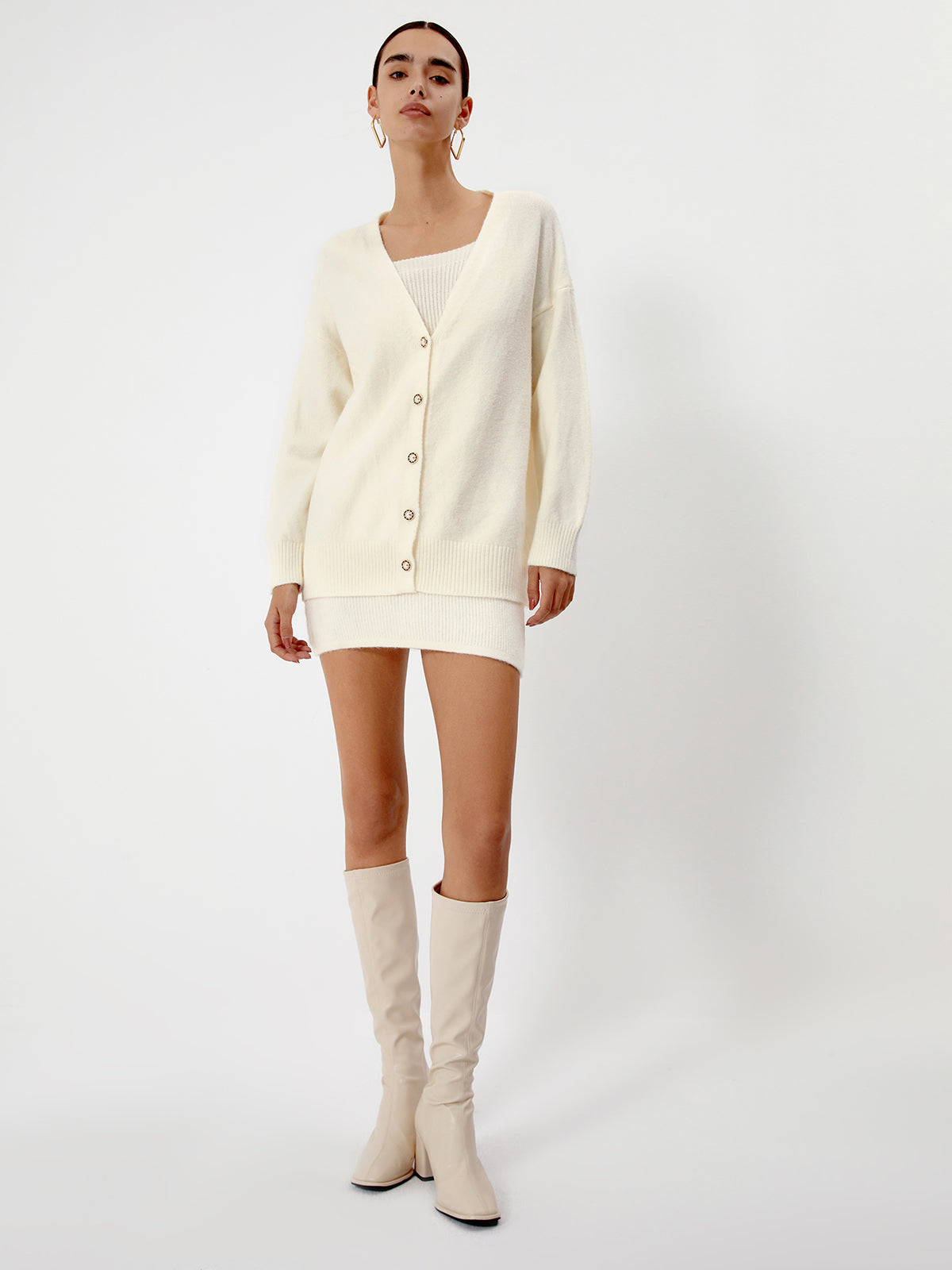 Cream Short Sweater Trendy Dress With Matching Cardigan Apricot / XS Sweaters L Main image