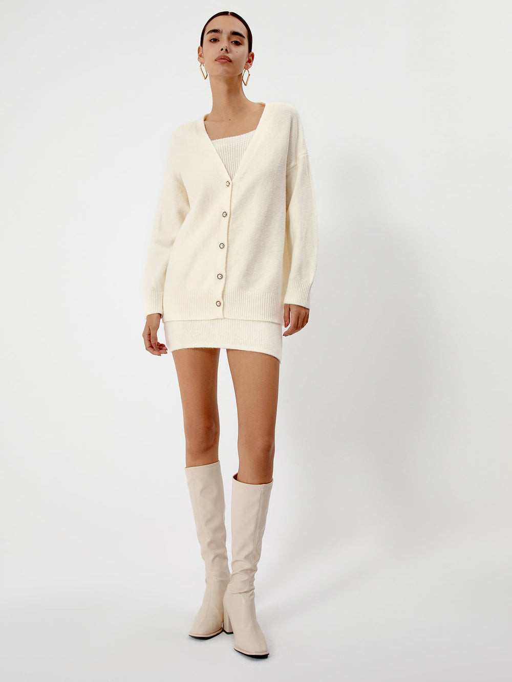 Cream Short Sweater Trendy Dress With Matching Cardigan Apricot / XS Sweaters L