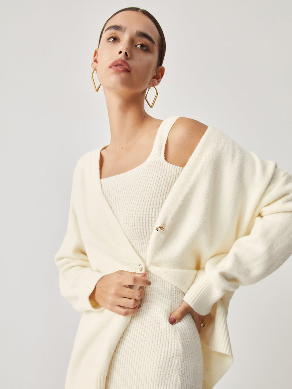 Cream Short Sweater Trendy Dress With Matching Cardigan Sweaters L