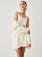 Cream Short Sweater Trendy Dress With Matching Cardigan Sweaters L