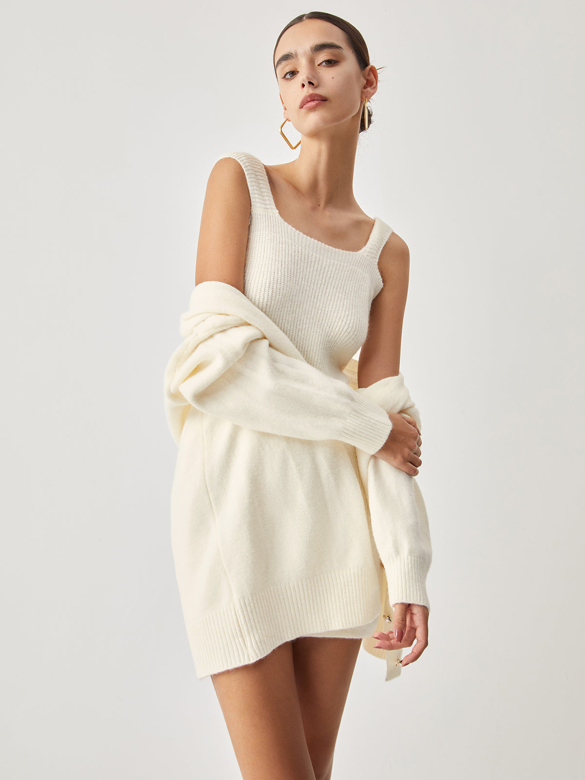 Cream Short Sweater Trendy Dress With Matching Cardigan Sweaters L