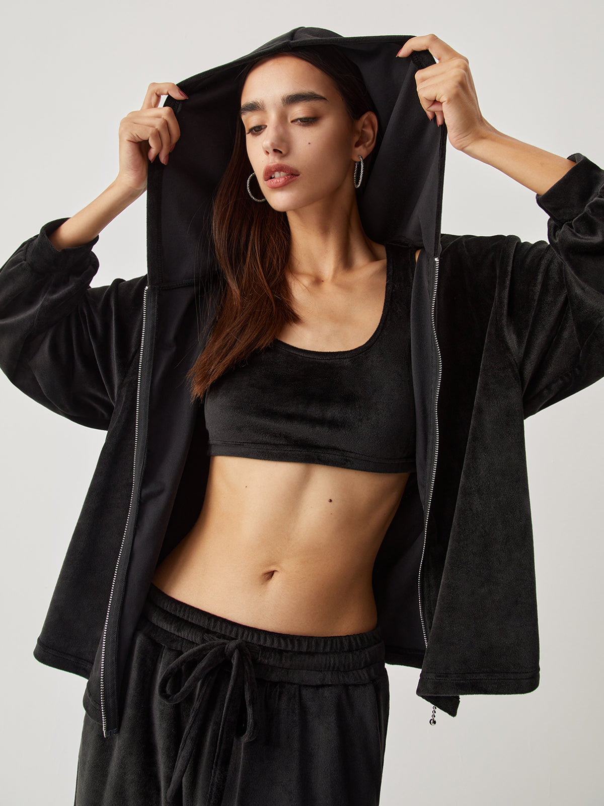 Velvet Hoodie Three Trendy Piece Pants Set Black / S Pant Sets Main image