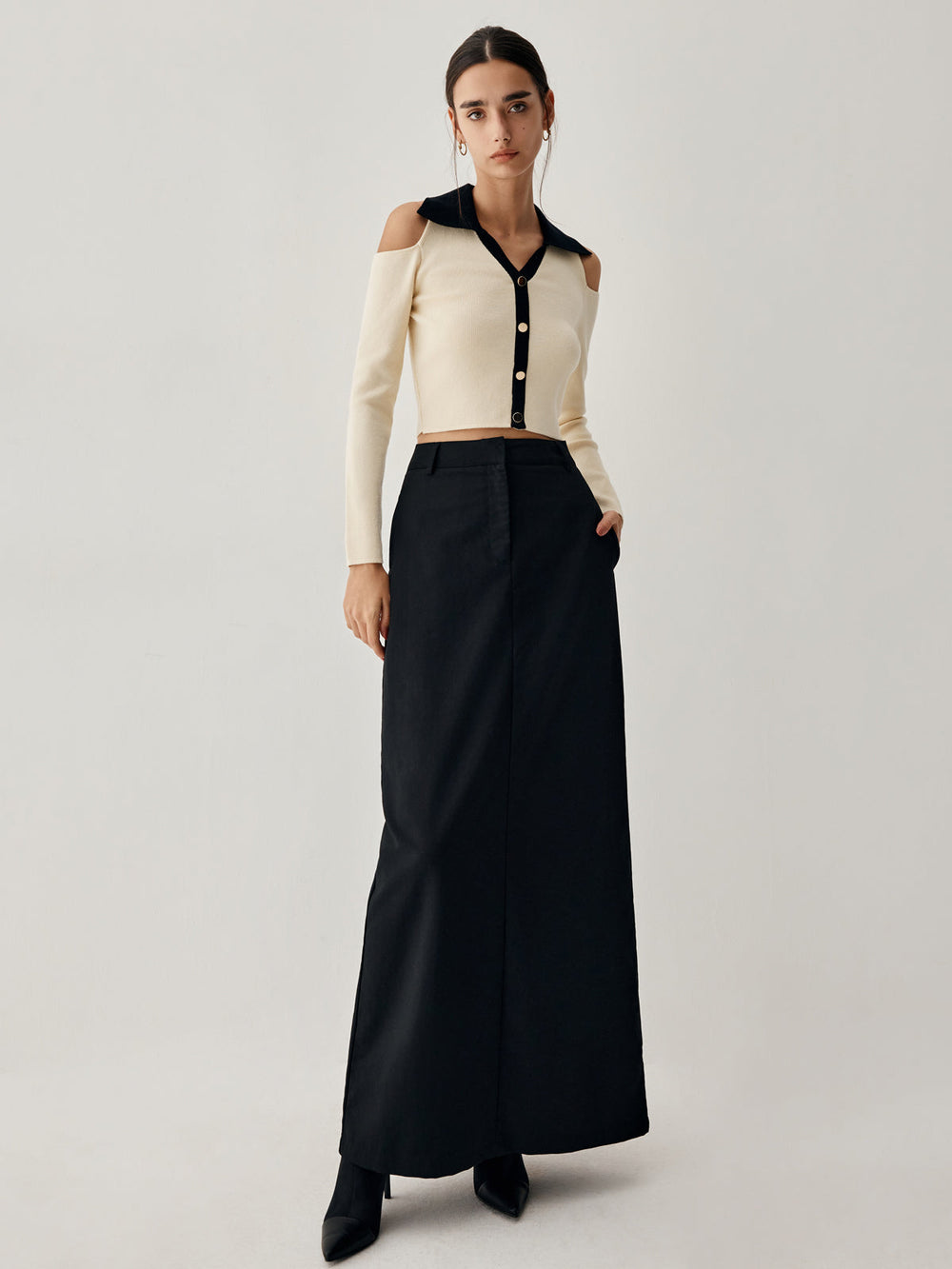 Colorblock Open Collar Cutout Modern Crop Long Sleeve Top Sweaters L