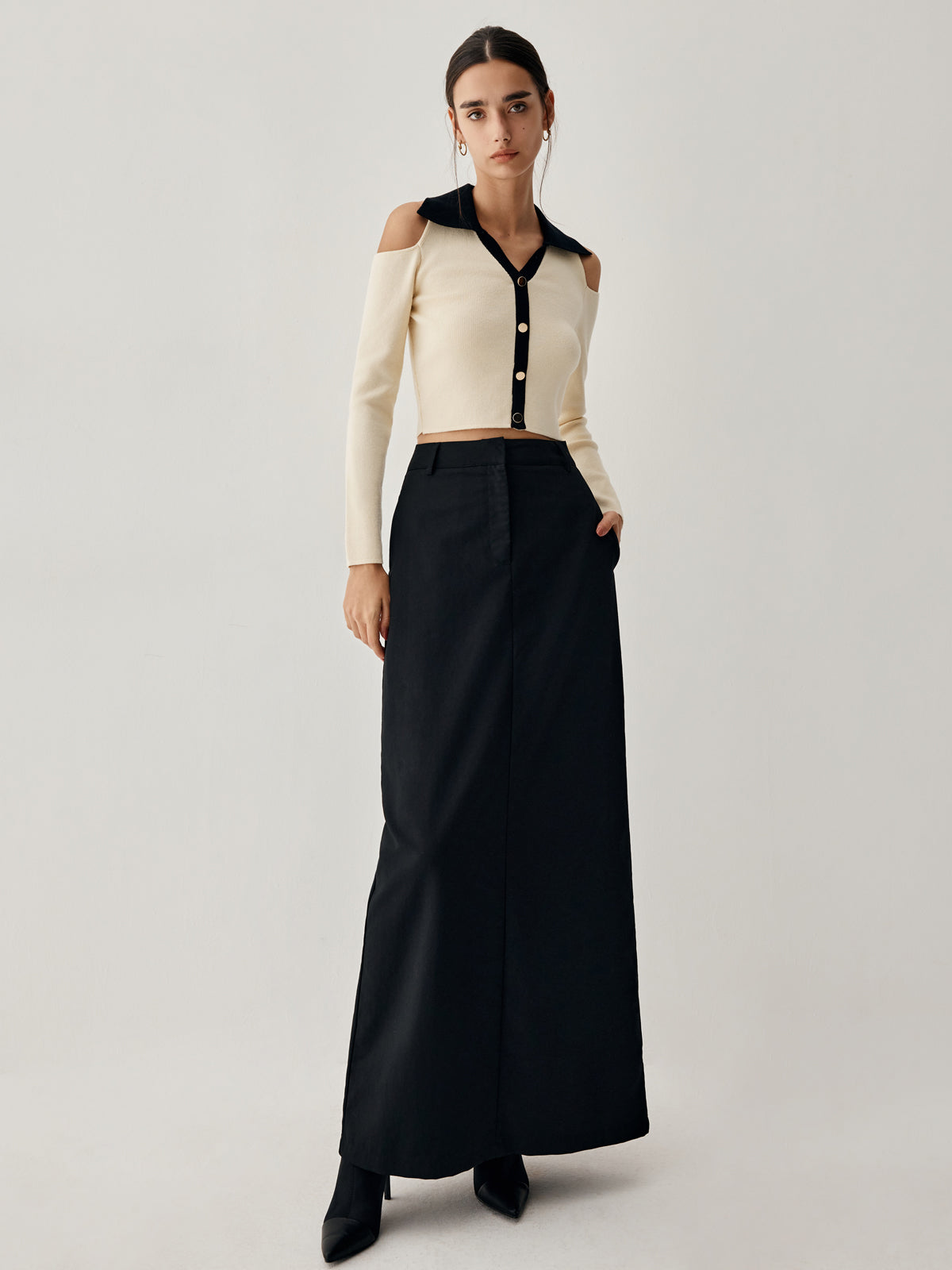 Colorblock Open Collar Cutout Modern Crop Long Sleeve Top Sweaters L