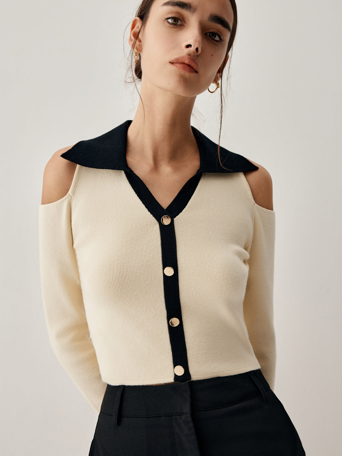 Colorblock Open Collar Cutout Modern Crop Long Sleeve Top Sweaters L
