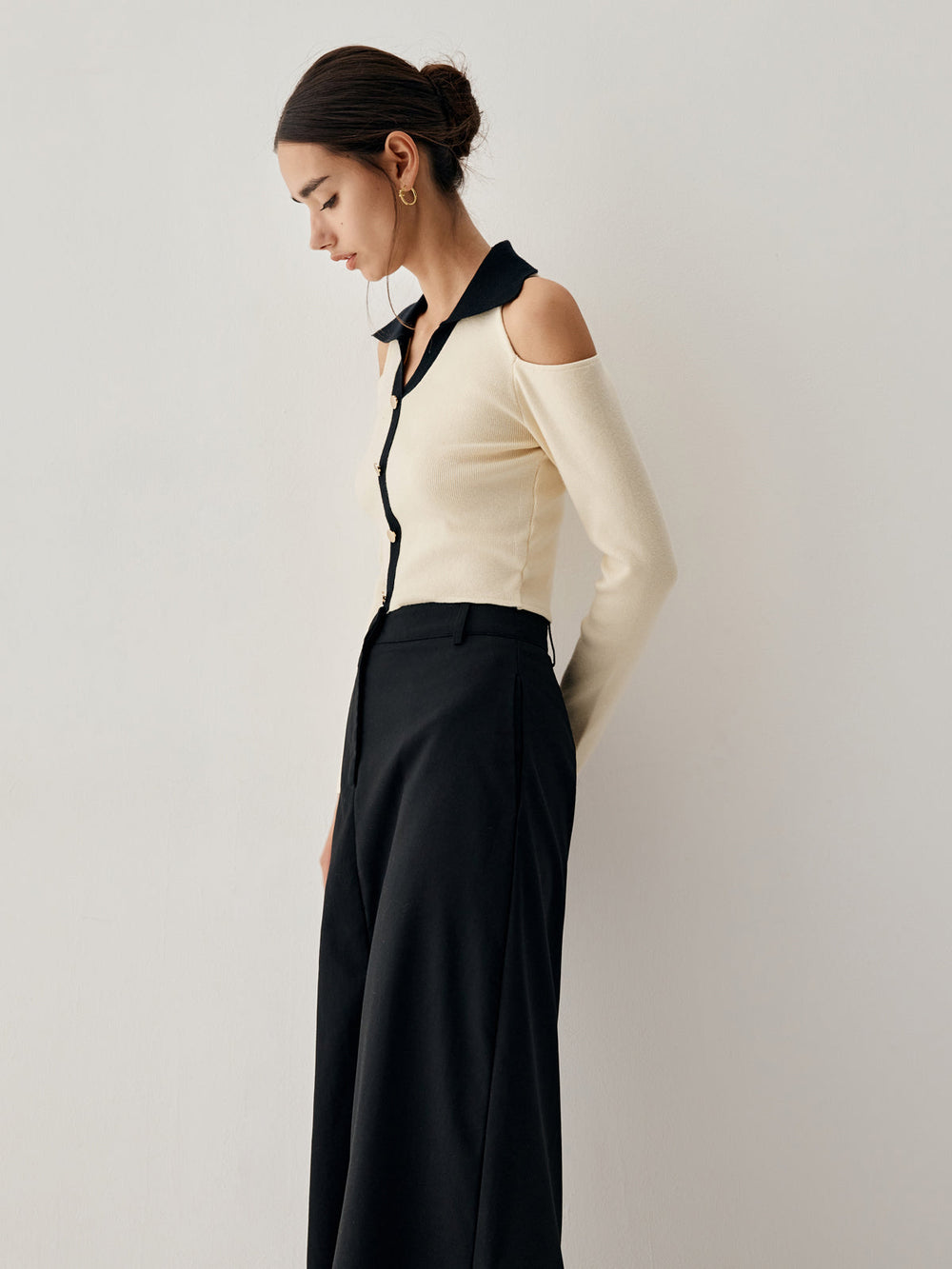 Colorblock Open Collar Cutout Modern Crop Long Sleeve Top Apricot / S Sweaters L