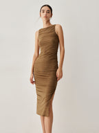 Diamante Ruched Mesh Trendy Slit Midi Dress Brown / S Dresses
