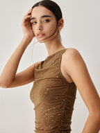 Diamante Ruched Mesh Trendy Slit Midi Dress Dresses