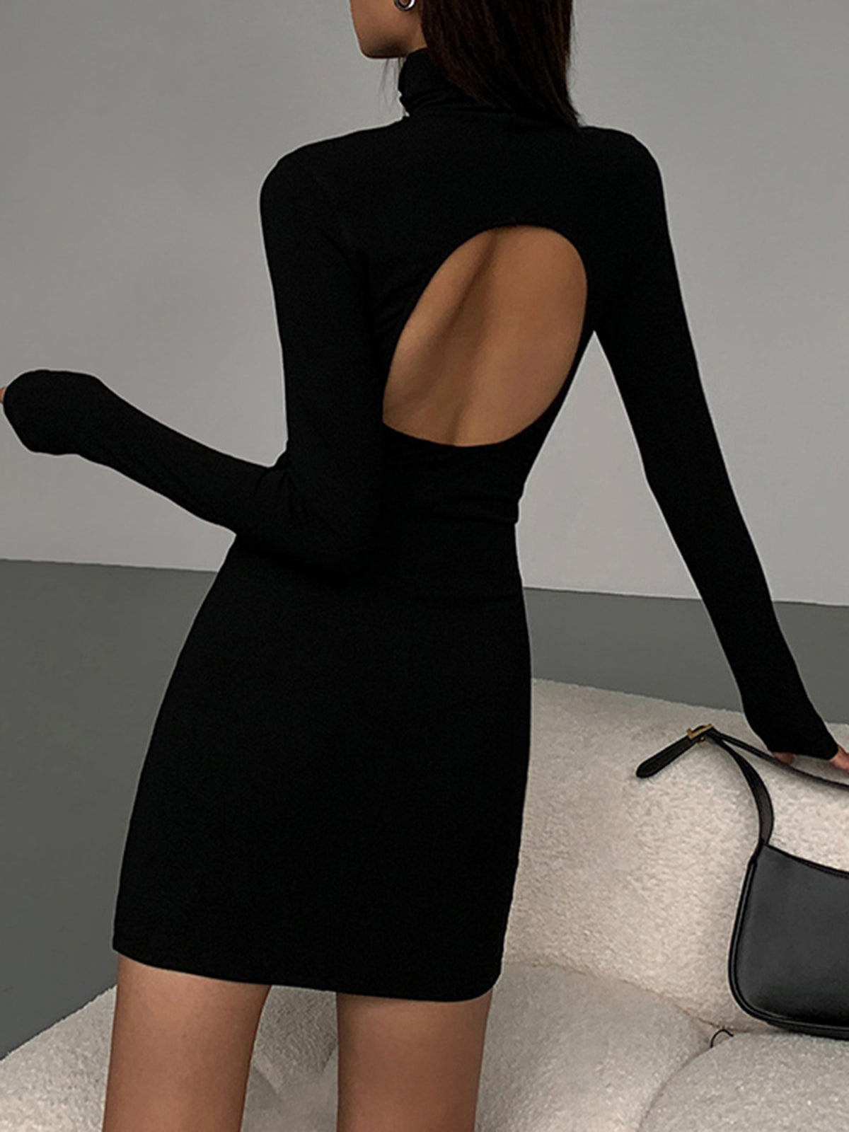 Turtleneck Open Back Trendy Long Sleeve Short Dress Dresses