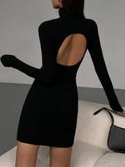 Turtleneck Open Back Trendy Long Sleeve Short Dress Dresses