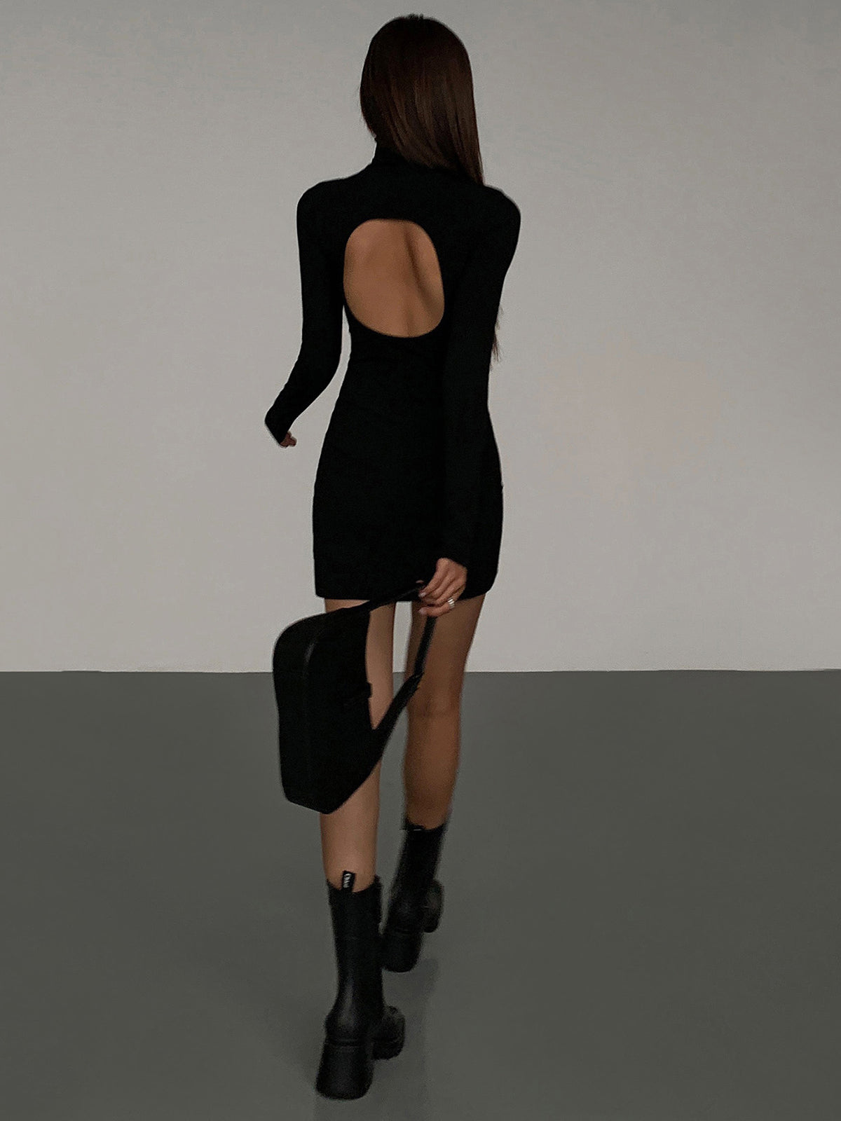 Turtleneck Open Back Trendy Long Sleeve Short Dress Dresses