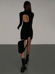 Turtleneck Open Back Trendy Long Sleeve Short Dress Dresses