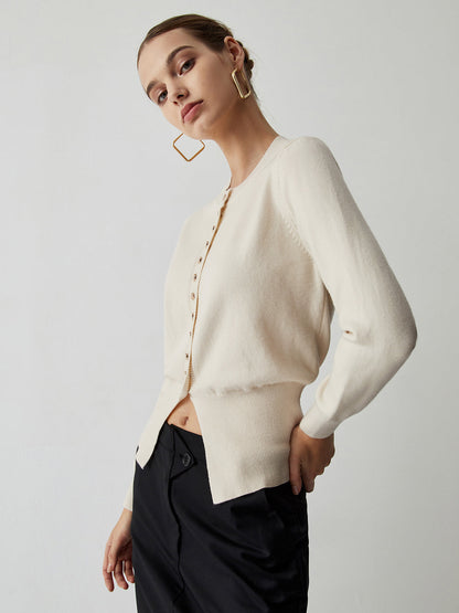 Cream Button Graceful Down Curved Cardigan