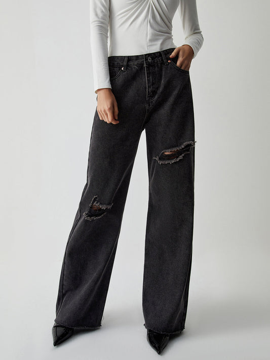 Distressed Detail Black Trendy Denim Wide Leg Jeans