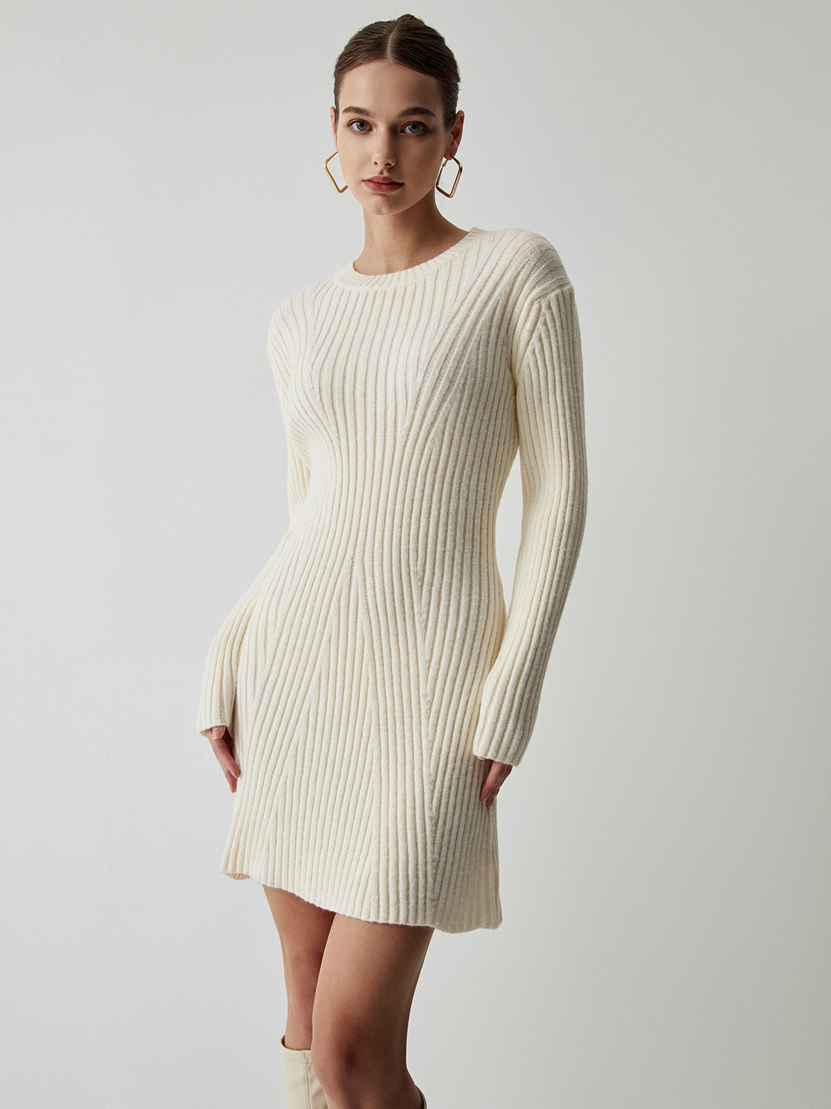 Cream Rib Long Trendy Sleeve Short Sweater Dress White / XS Sweaters L Main image