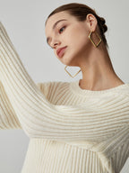 Cream Rib Long Trendy Sleeve Short Sweater Dress Sweaters L