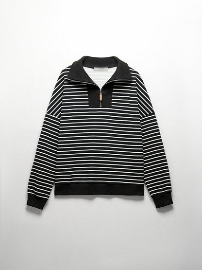 Stripe Quarter Zip Trendy Open Collar Sweatshirt