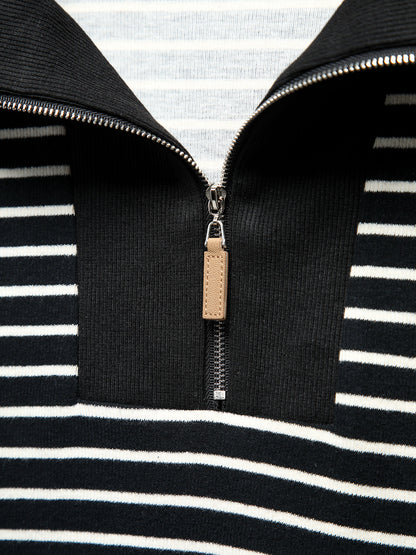 Stripe Quarter Zip Trendy Open Collar Sweatshirt