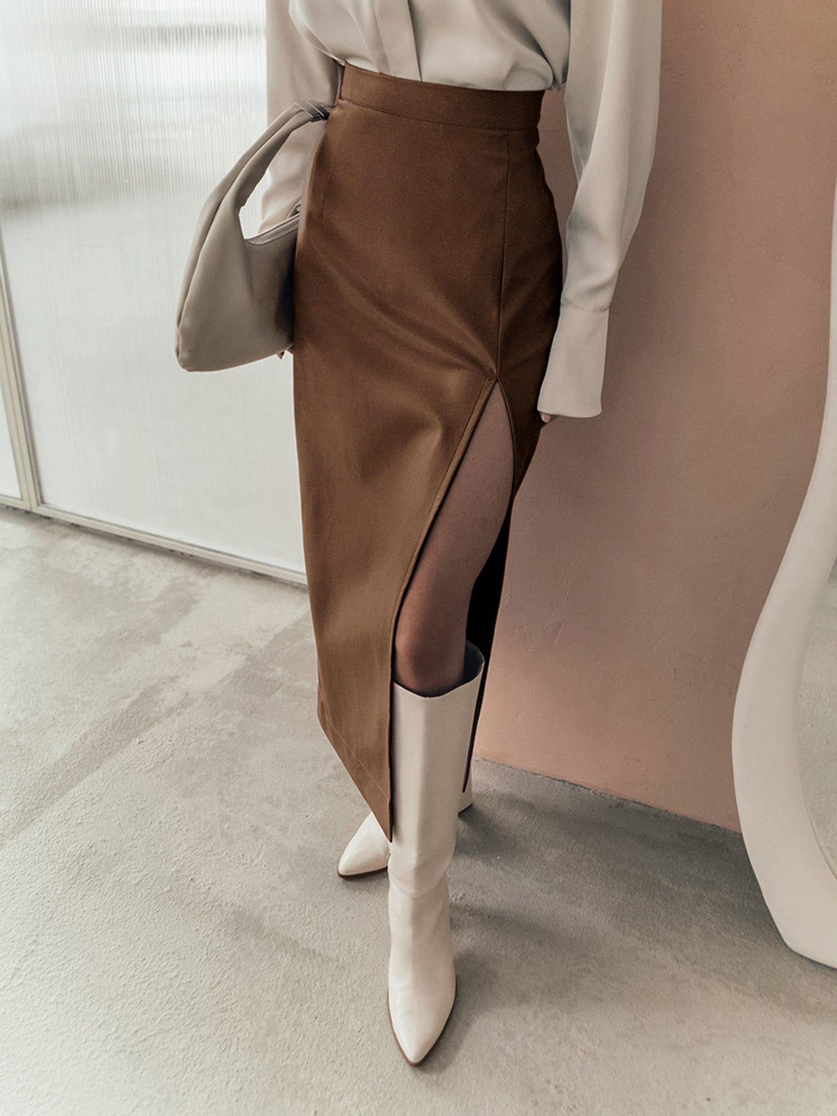 Quiet Luxury Faux Trendy Leather Slit Midi Skirt Brown / XS Skirts Main image