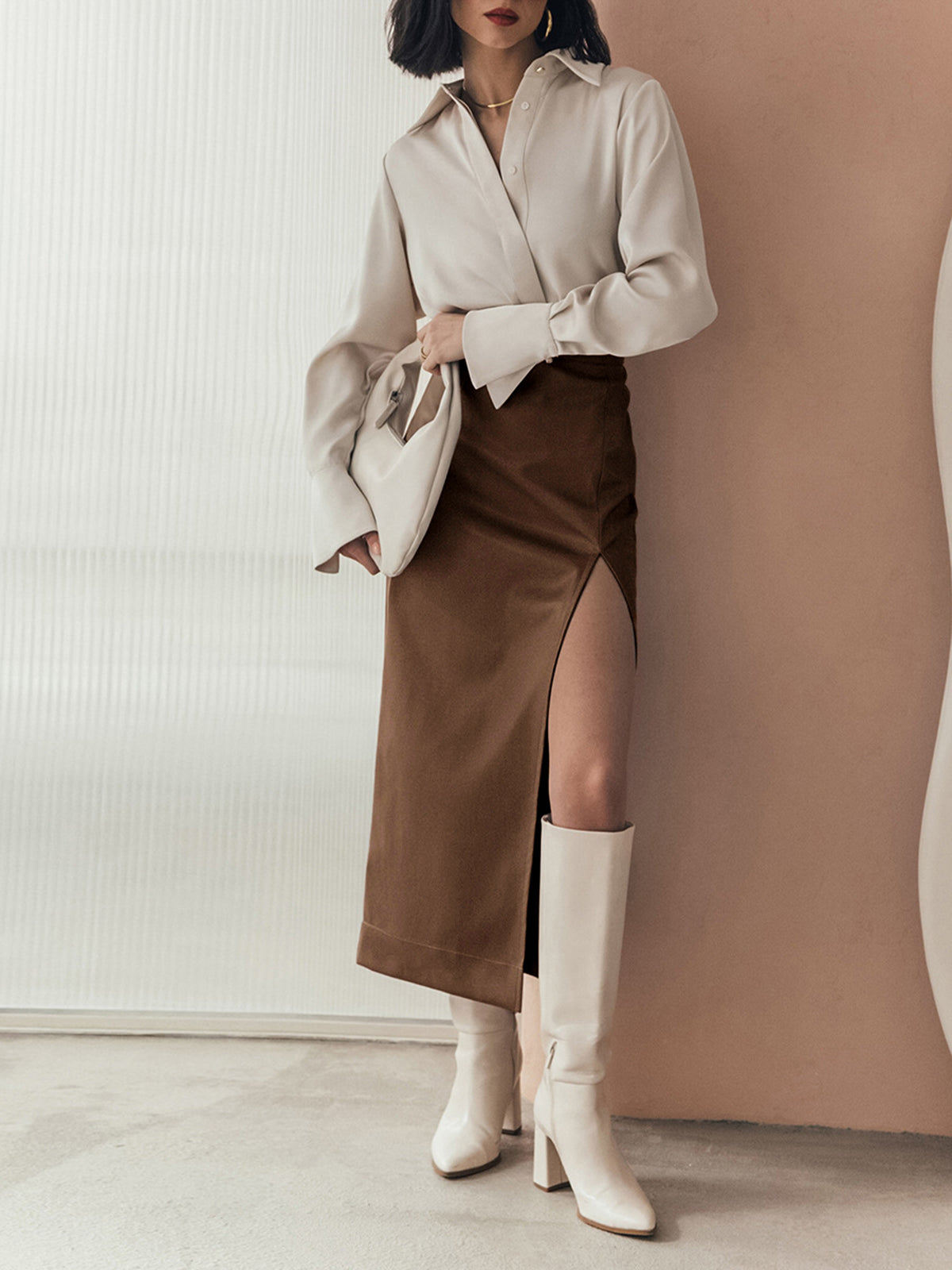 Quiet Luxury Faux Trendy Leather Slit Midi Skirt Secondary image