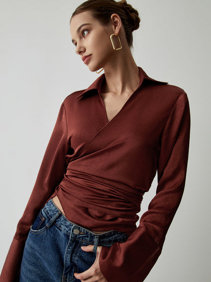 Satin Wrap Tie Back Modern Ruched Long Sleeve Shirt