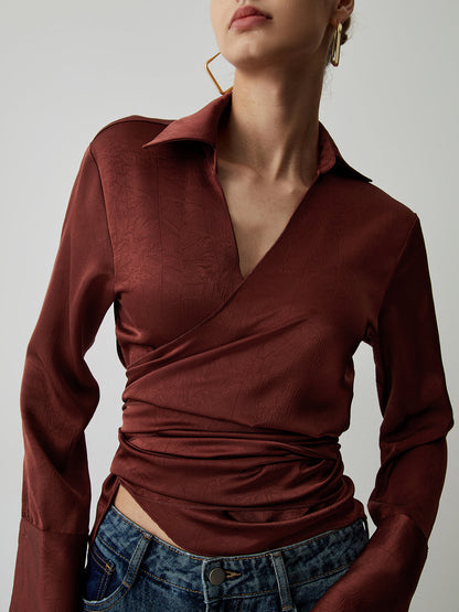 Satin Wrap Tie Back Modern Ruched Long Sleeve Shirt