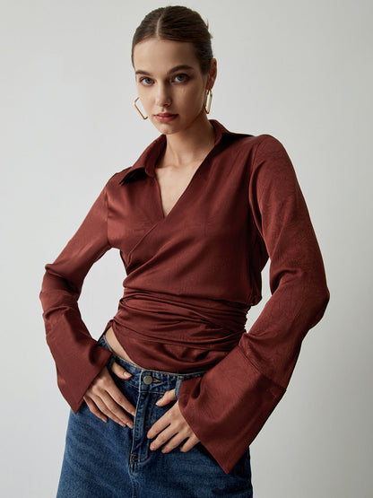 Satin Wrap Tie Back Modern Ruched Long Sleeve Shirt