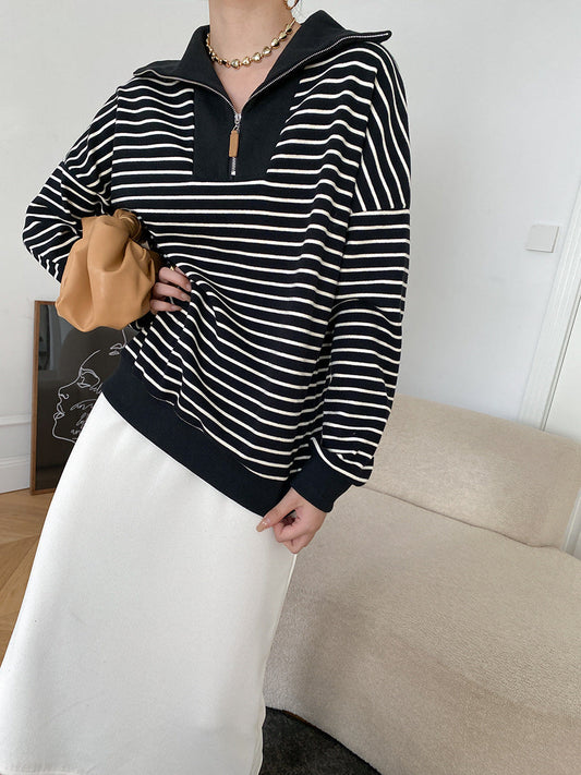 Stripe Quarter Zip Trendy Open Collar Sweatshirt