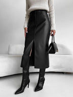 Faux Leeather Graceful Slit Midi Skirt Black / XS Skirts