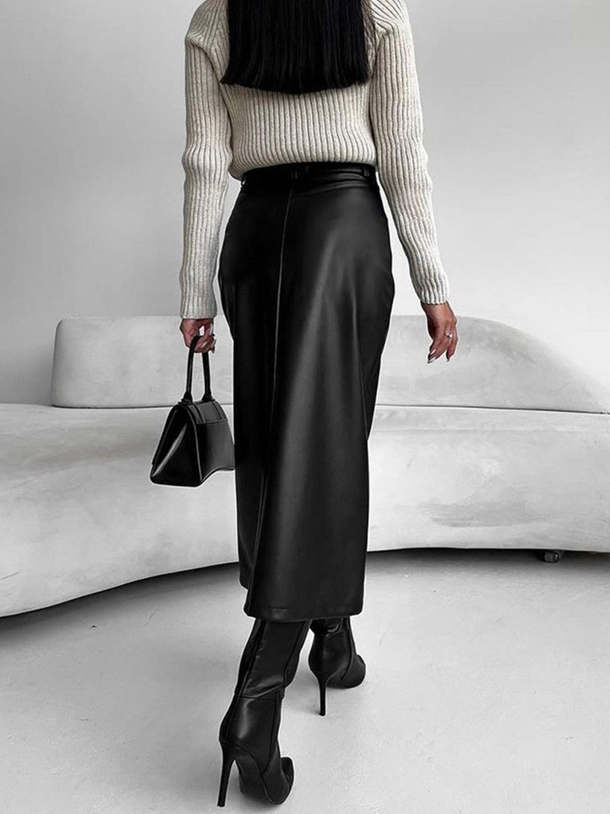 Faux Leeather Graceful Slit Midi Skirt Skirts