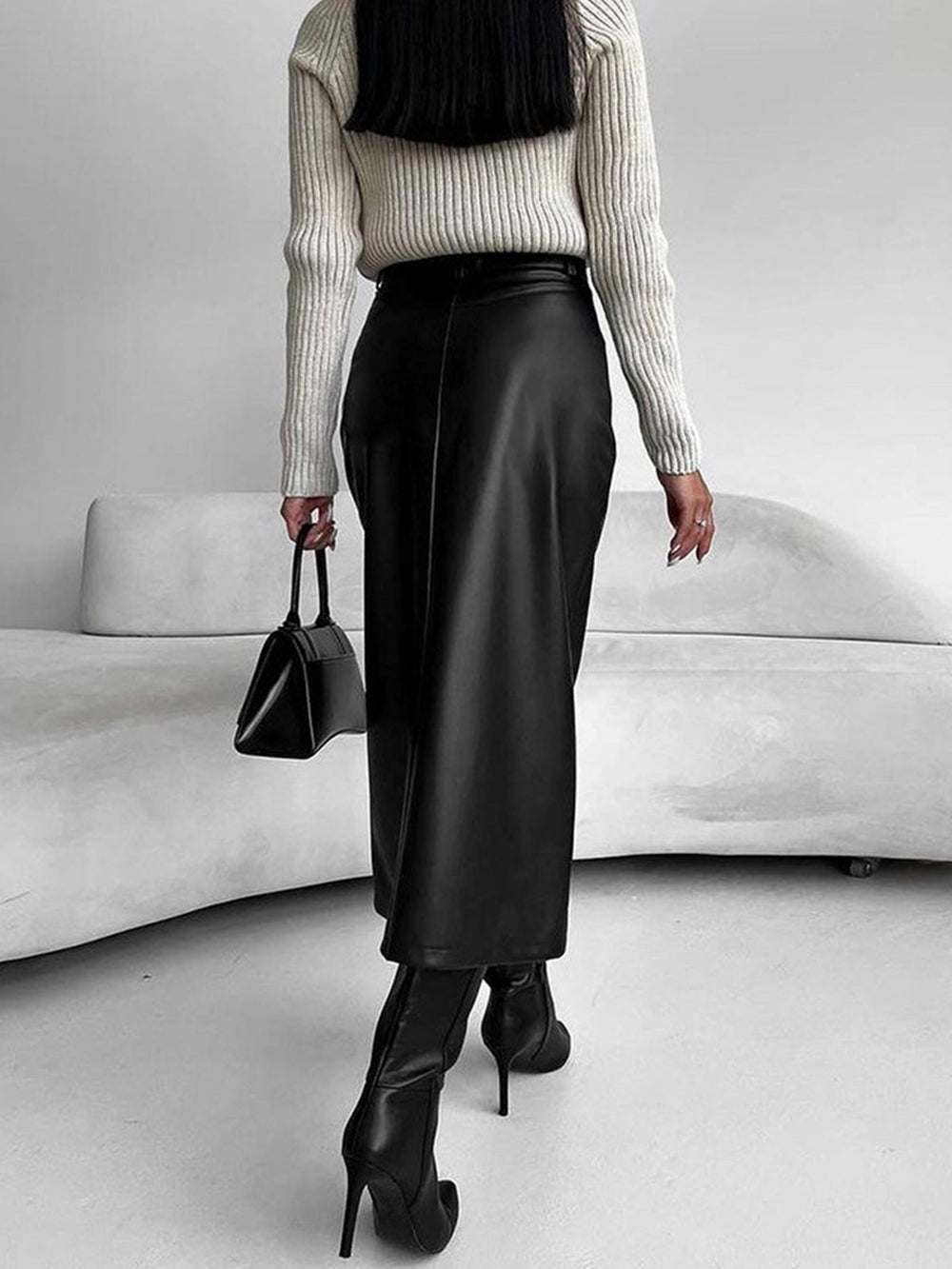 Faux Leeather Graceful Slit Midi Skirt Skirts