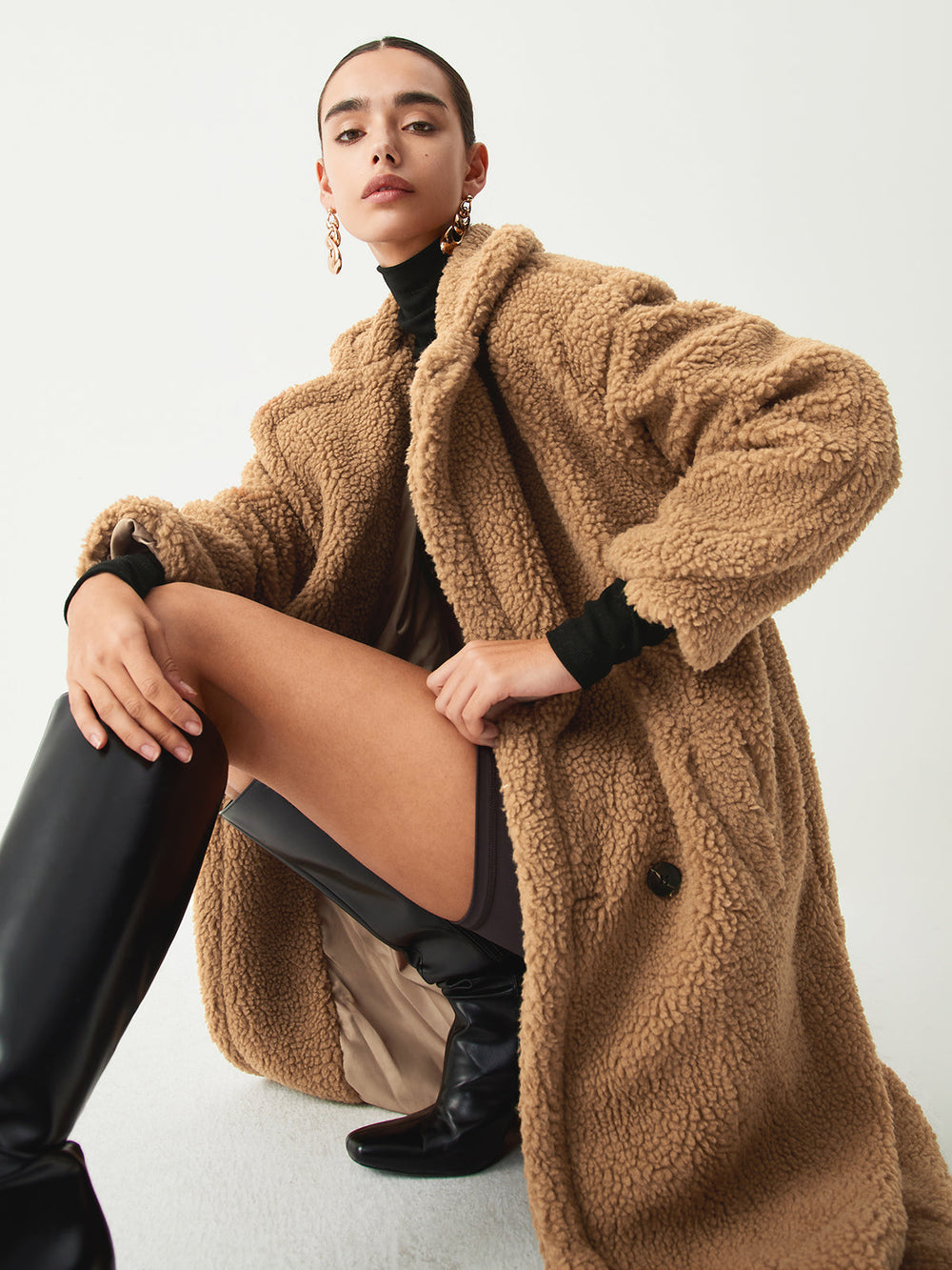 Terracotta Double Pockets Trendy Flurry Longline Fleece Jacket Camel / XS Fleece Jackets