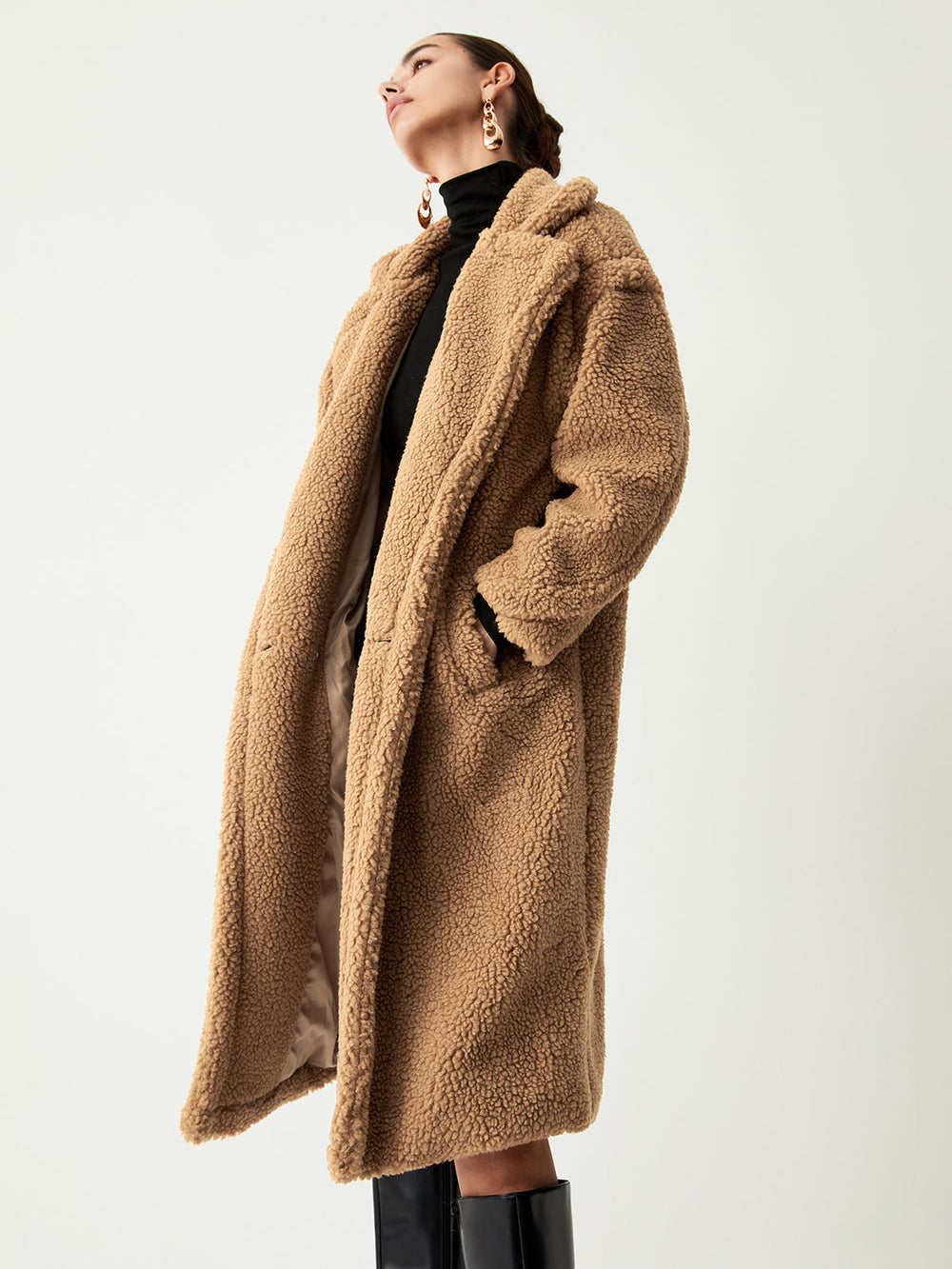 Terracotta Double Pockets Trendy Flurry Longline Fleece Jacket Fleece Jackets