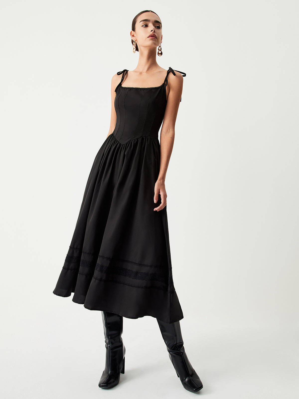 Tie Shoulder Graceful Pleated Midi Dress Black / XS Dresses Main image