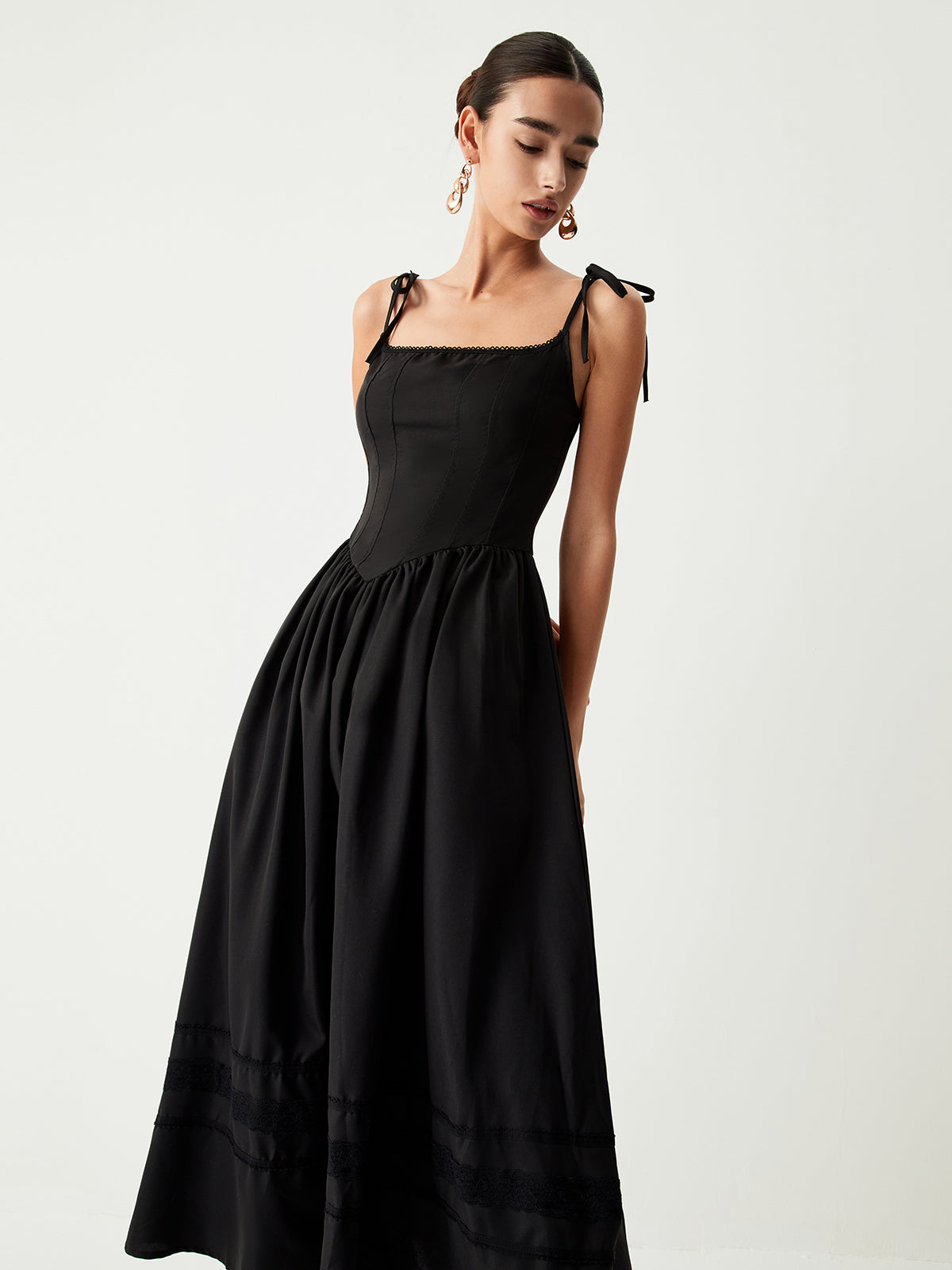 Tie Shoulder Graceful Pleated Midi Dress Dresses
