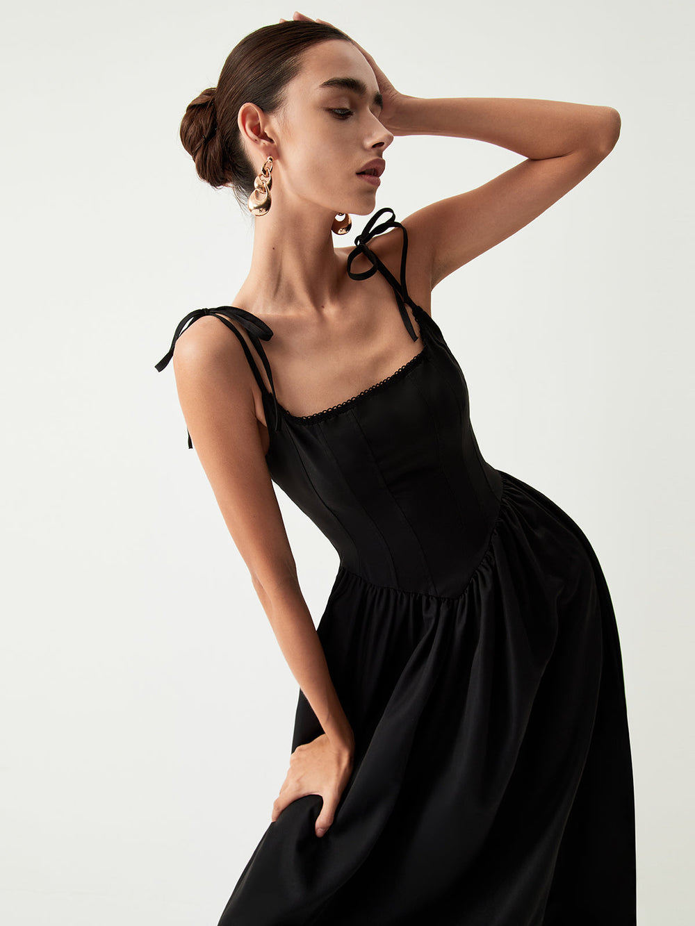 Tie Shoulder Graceful Pleated Midi Dress Dresses