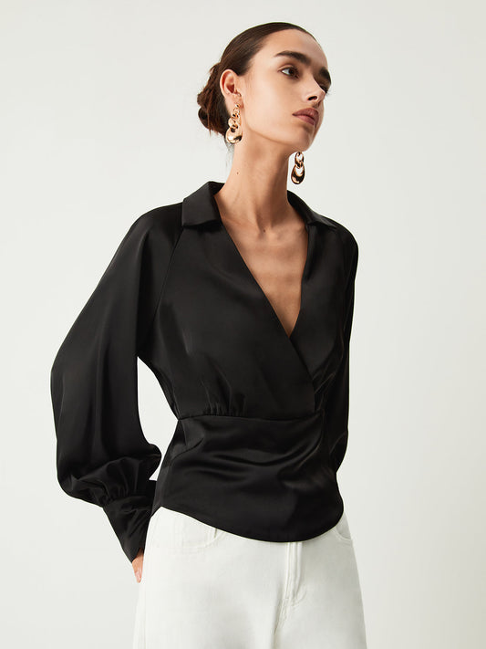 Wrap Open Collar Trendy Satin Long Sleeve Blouse