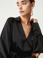 Wrap Open Collar Trendy Satin Long Sleeve Blouse Blouses