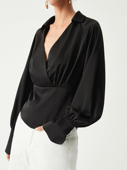 Wrap Open Collar Trendy Satin Long Sleeve Blouse